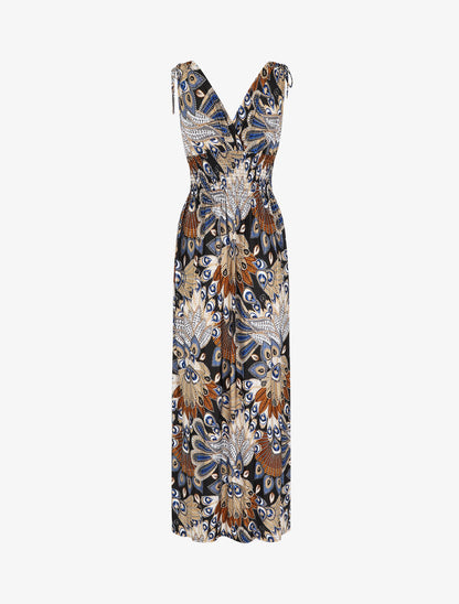 Robe longue à bretelles imprimé plume de paon - Noir/bleu - 1