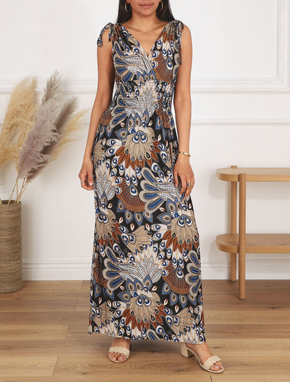 Robe longue à bretelles imprimé plume de paon - Noir/bleu - 4