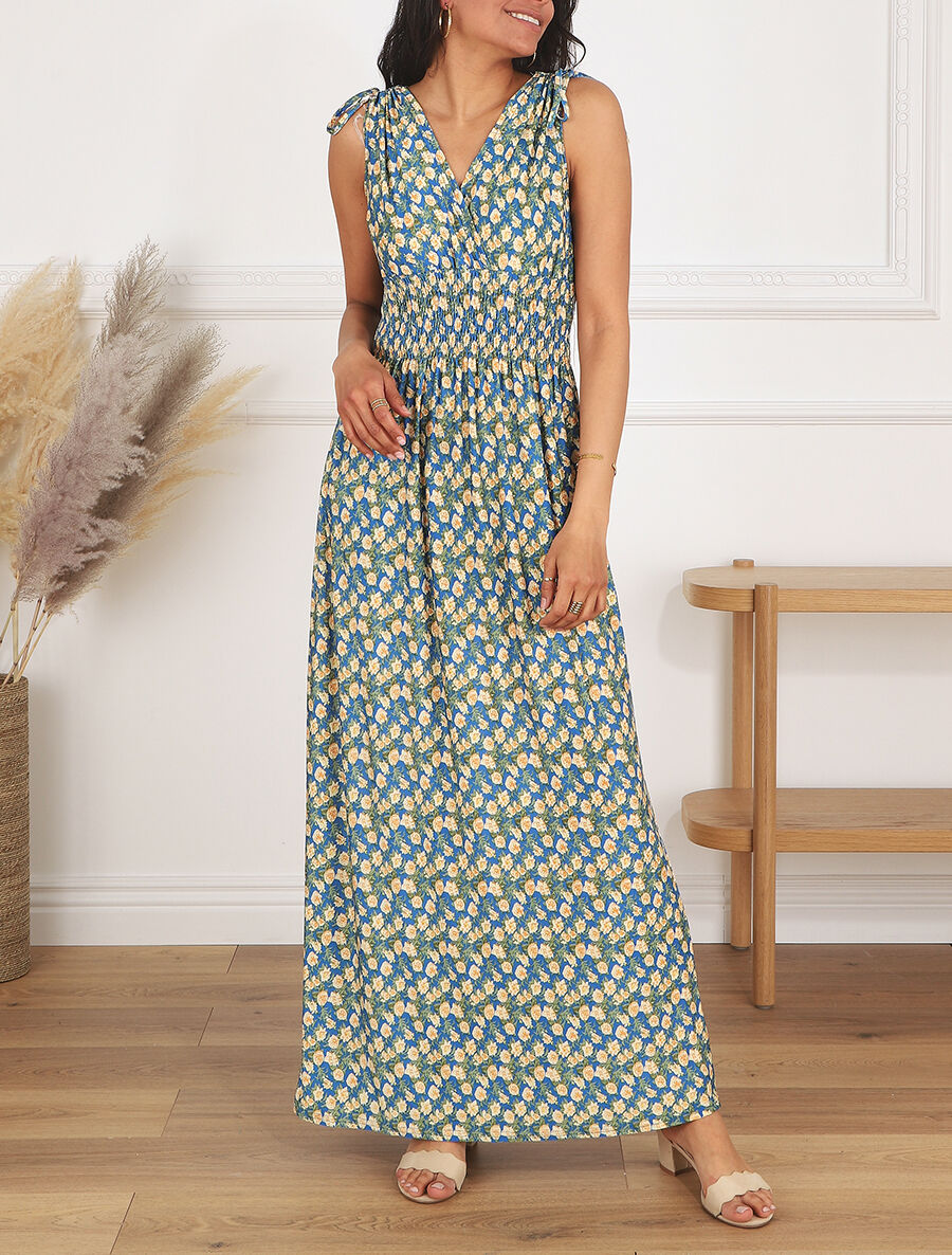 Robe longue à bretelles imprimé fleuri - Bleu - 1