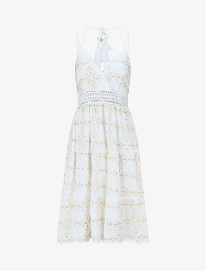 Robe avec broderies et pampilles ornées de perles et strass - Crème - 4