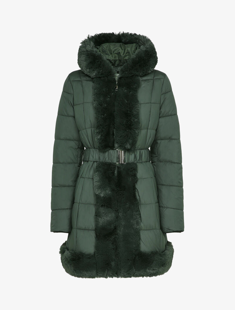 Doudoune mi-longue à bords en fausse fourrure - Kaki - 3