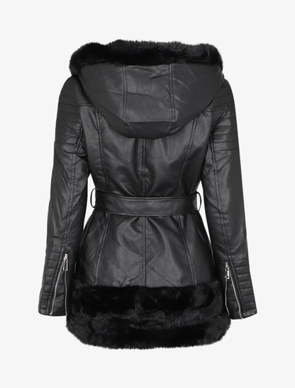 Manteau en simili à empiècement en fausse fourrure - Noir - 2