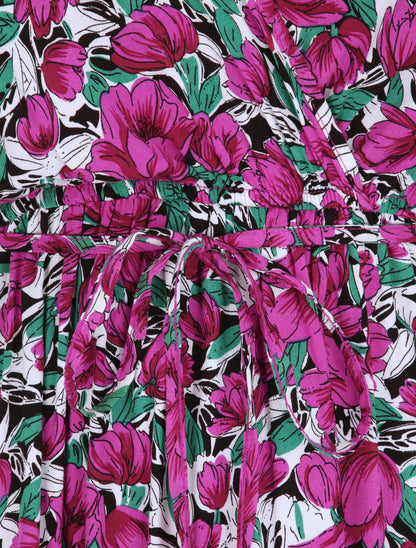 Robe longue empire à mancherons imprimé tulipes - Violet - 3