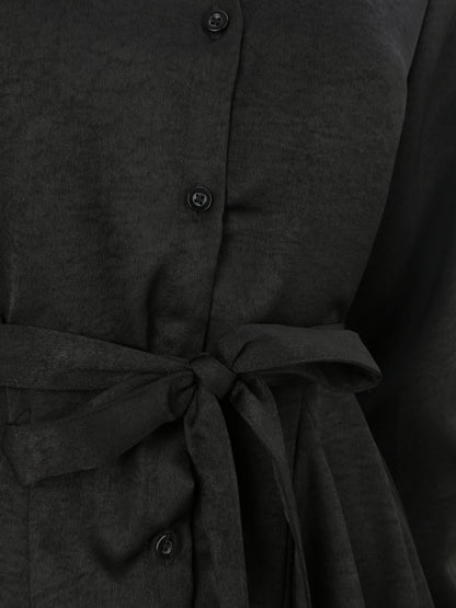 Robe chemise satinée à bords volantés - Noir - 3