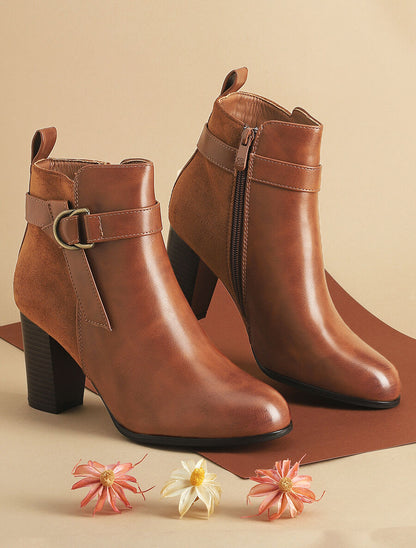 Bottines bimatière à talon - Camel - 1