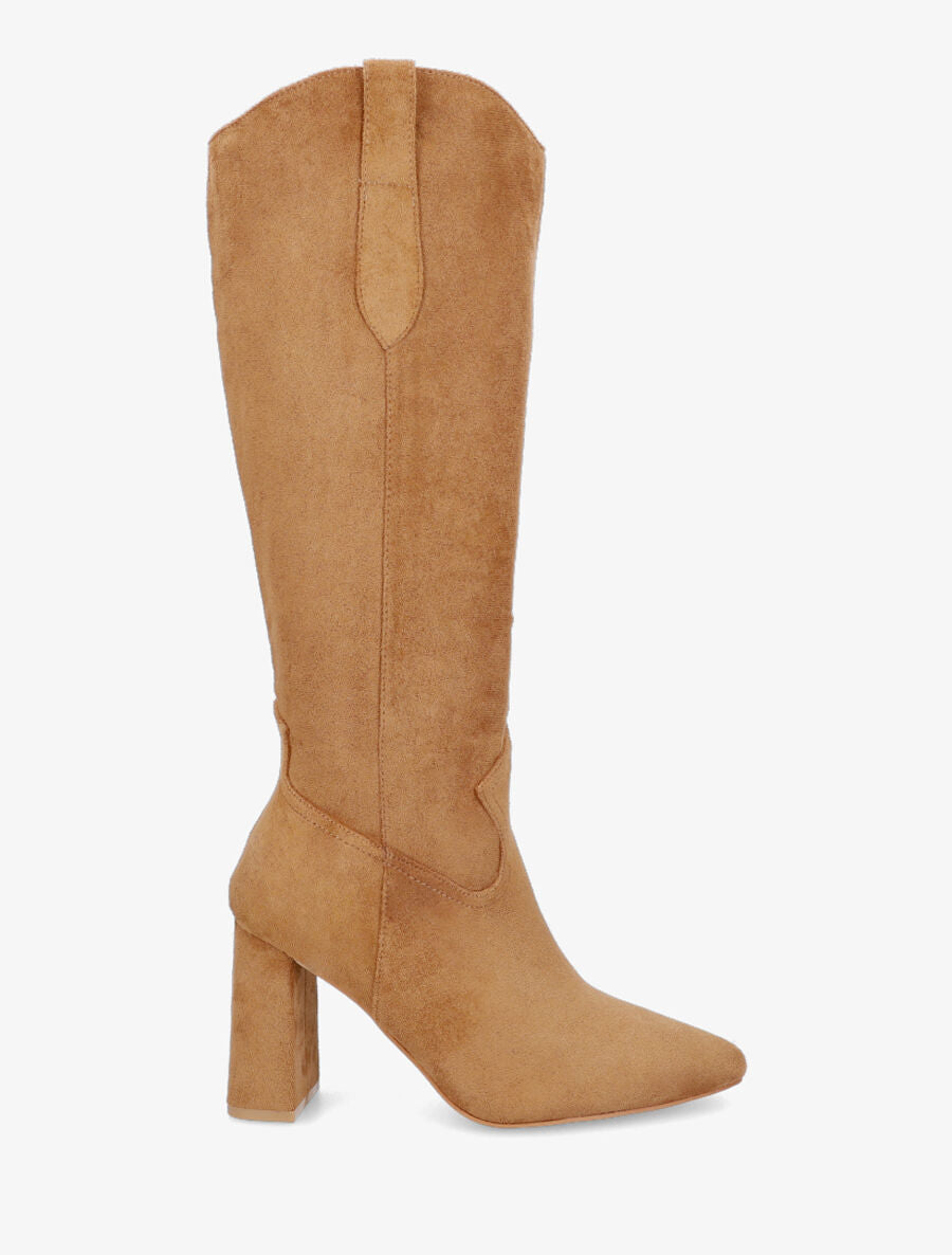 Bottes en suédine à talon et bout pointu - Camel - 1