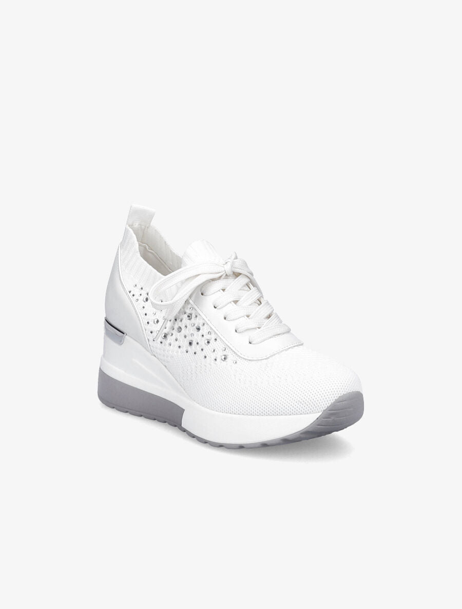 Baskets compensées à lacets et détail strass - Blanc - 2