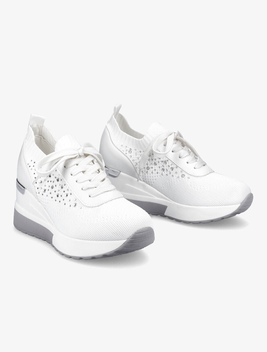Baskets compensées à lacets et détail strass - Blanc - 4