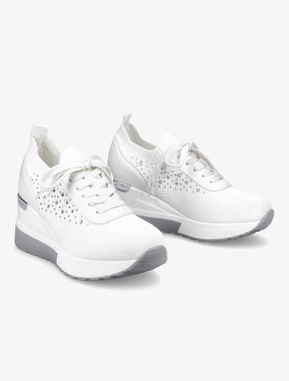 Baskets compensées à lacets et détail strass - Blanc - 4