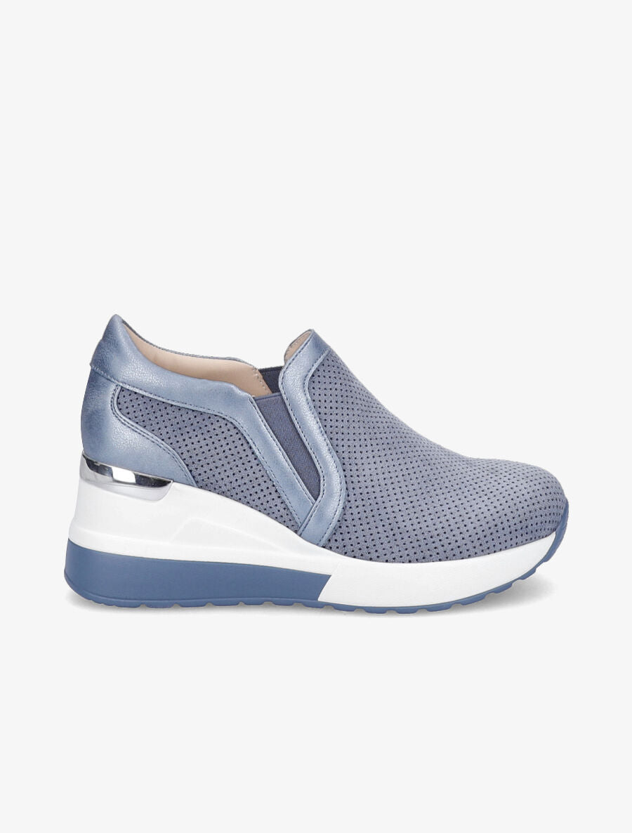 Baskets compensées en suédine perforée - Bleu gris - 1