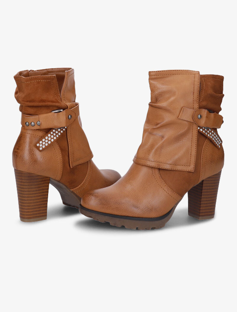 Bottines montantes bi-matière à sangle cloutée - Camel - 1