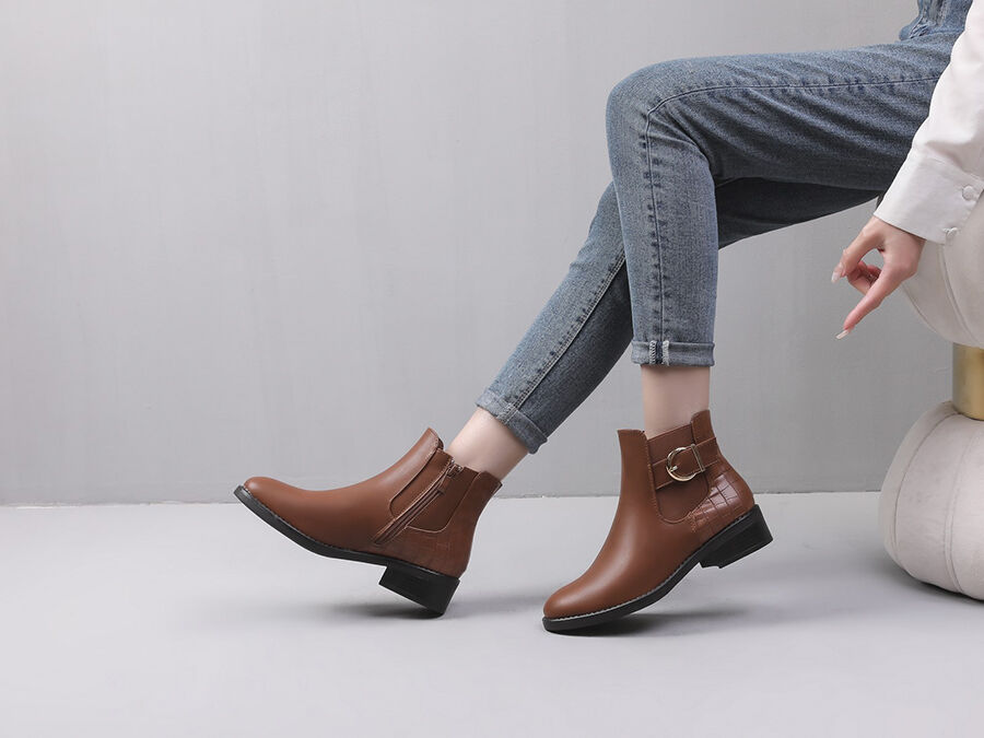 Bottines élastiquées à contrefort croco - Camel - 5