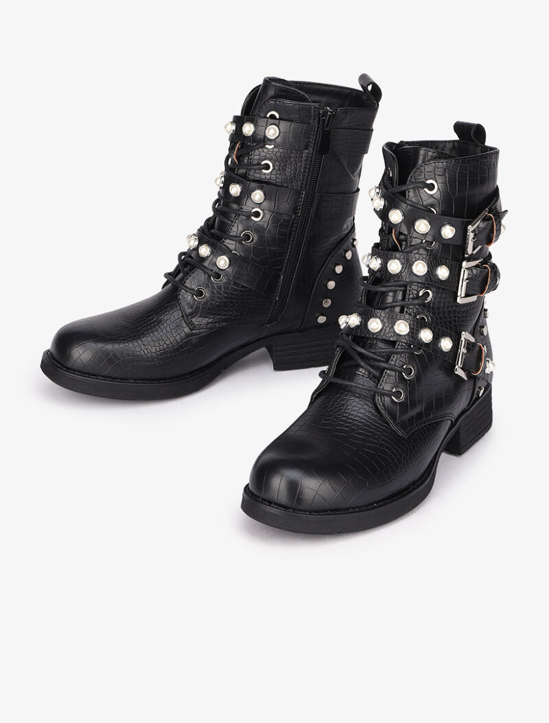 Boots effet croco ornées de perles et clous - Noir - 1