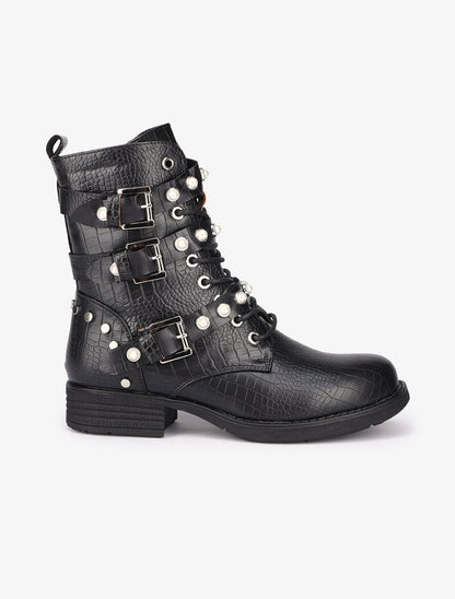 Boots effet croco ornées de perles et clous - Noir - 2