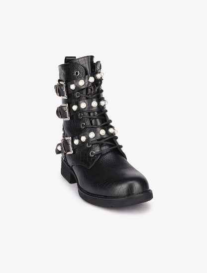 Boots effet croco ornées de perles et clous - Noir - 3