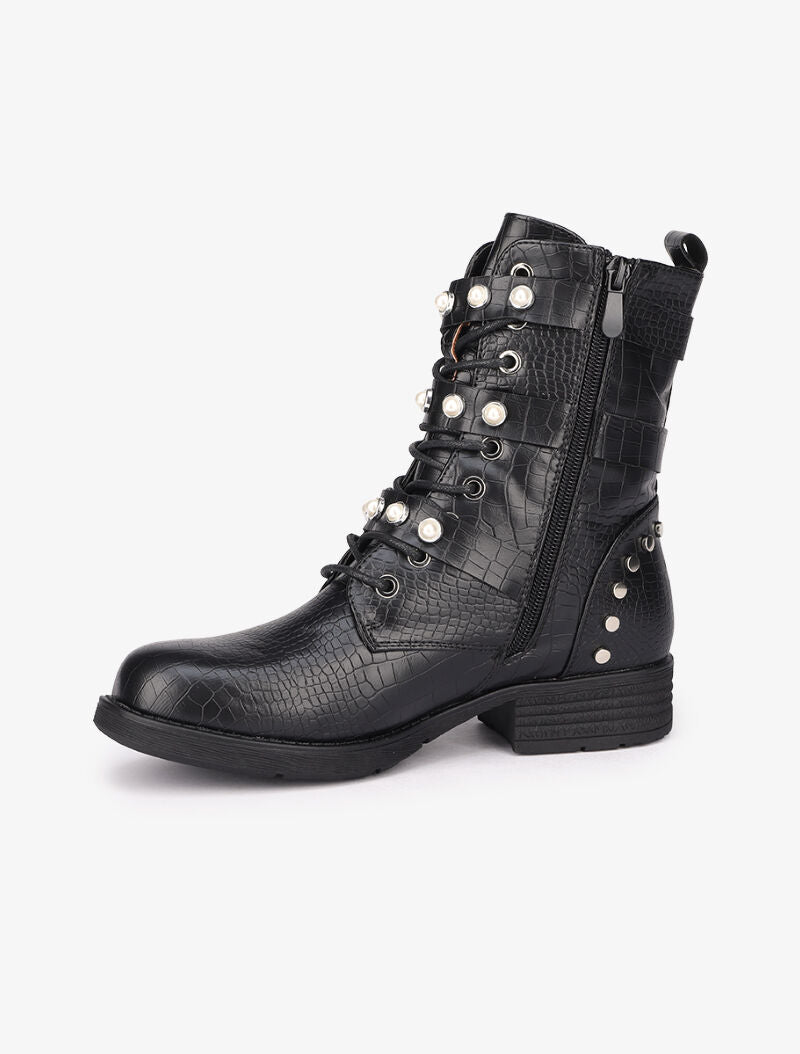 Boots effet croco ornées de perles et clous - Noir - 4