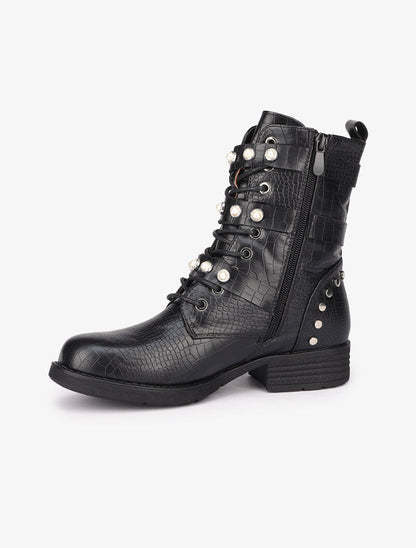 Boots effet croco ornées de perles et clous - Noir - 4