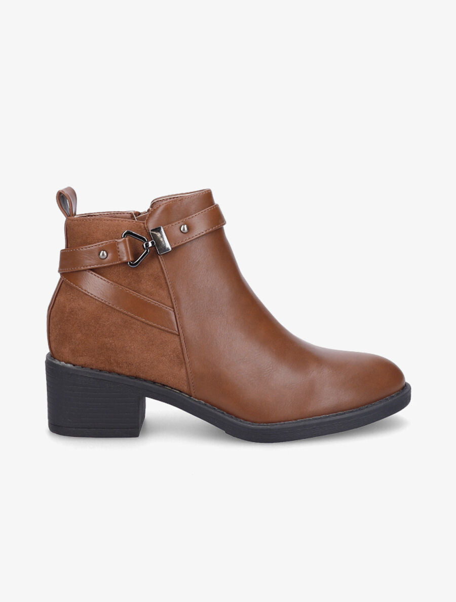 Bottines bimatière à sangle stylisée - Camel - 5