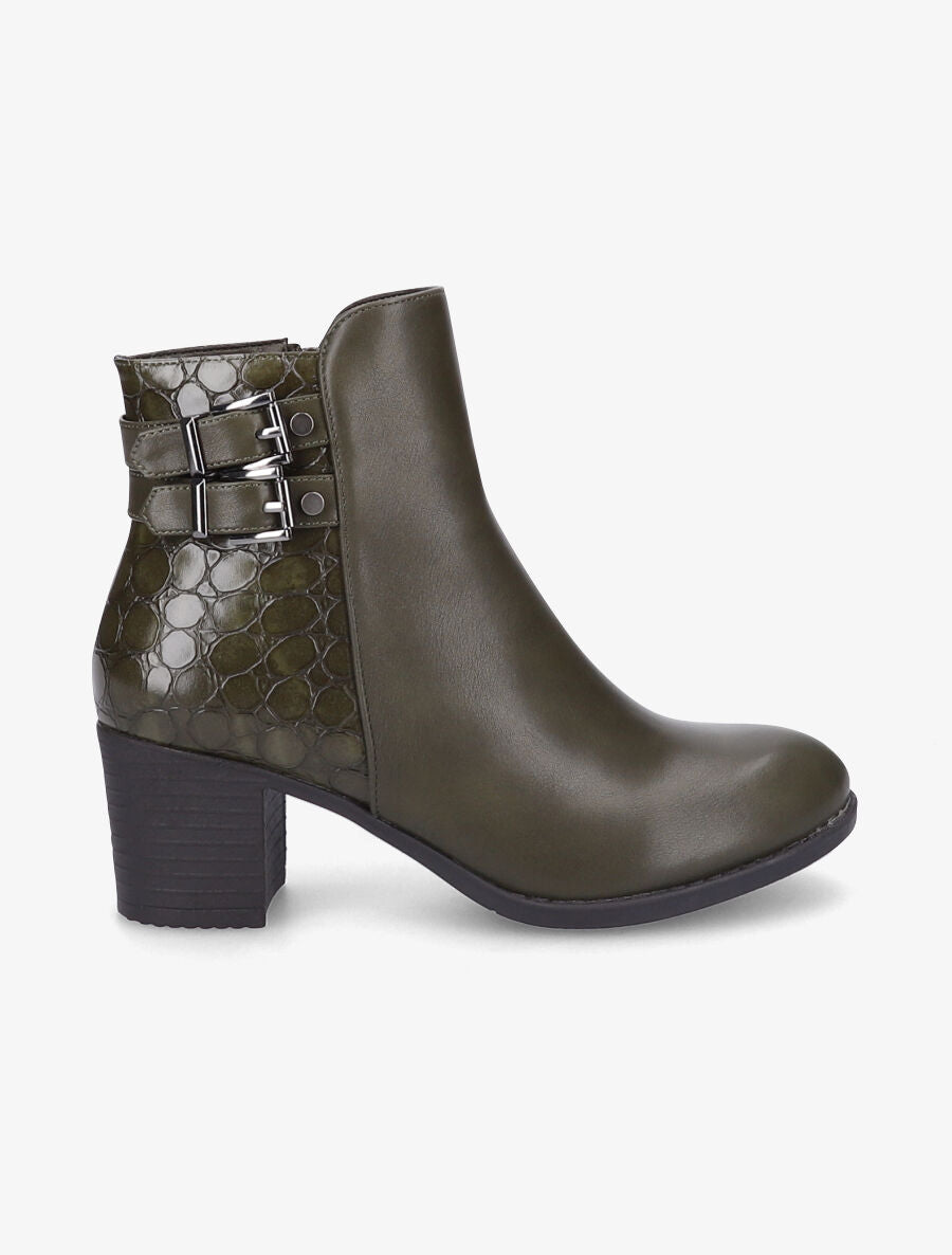 Bottines à boucles et contrefort croco - Kaki - 1