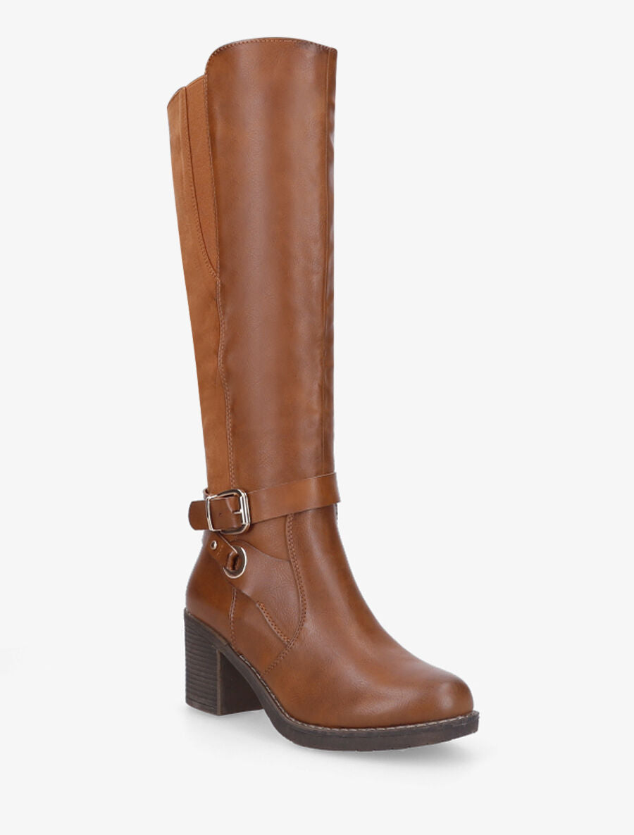 Bottes bi-matière en simili et suédine - Camel - 2