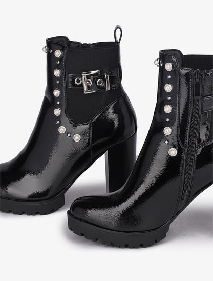 Bottines vernies à talon ornées de perles et clous - Noir - 4