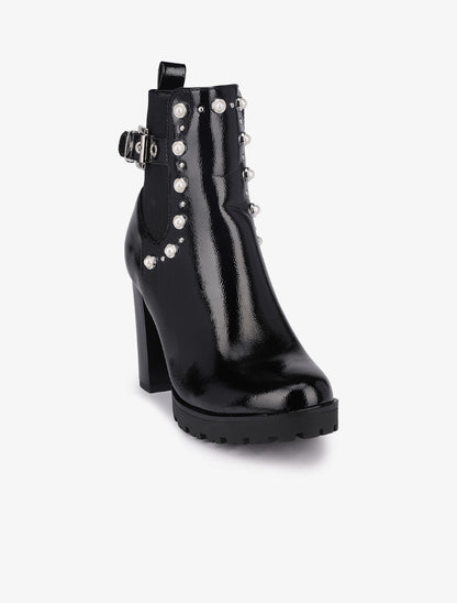 Bottines vernies à talon ornées de perles et clous - Noir - 2