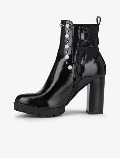 Bottines vernies à talon ornées de perles et clous - Noir - 3