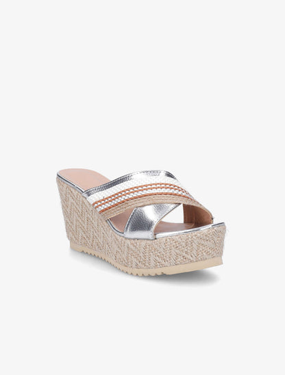 Mules compensées à ganses croisées effet osier - Argent - 2