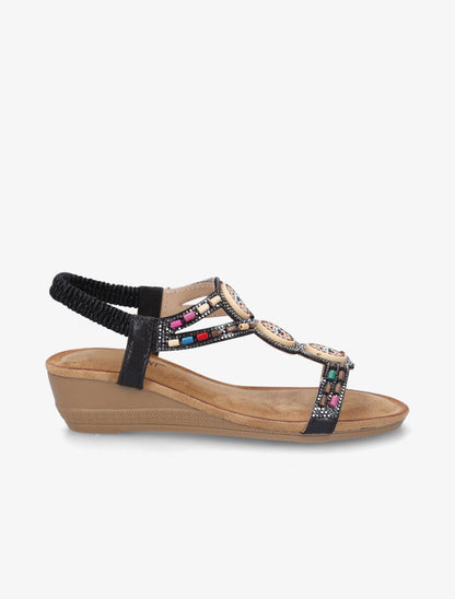 Sandales compensées à strass et perles - Noir - 1