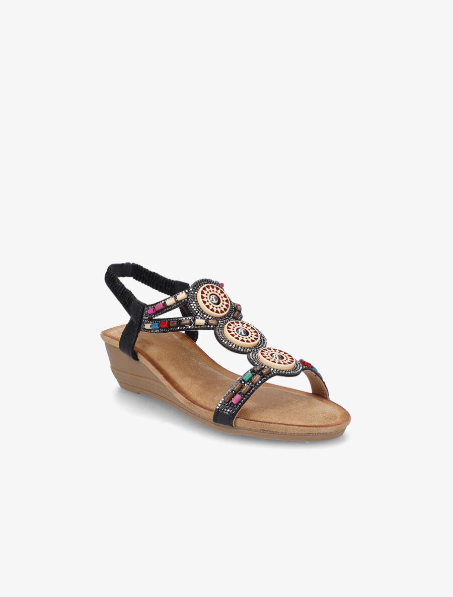 Sandales compensées à strass et perles - Noir - 2