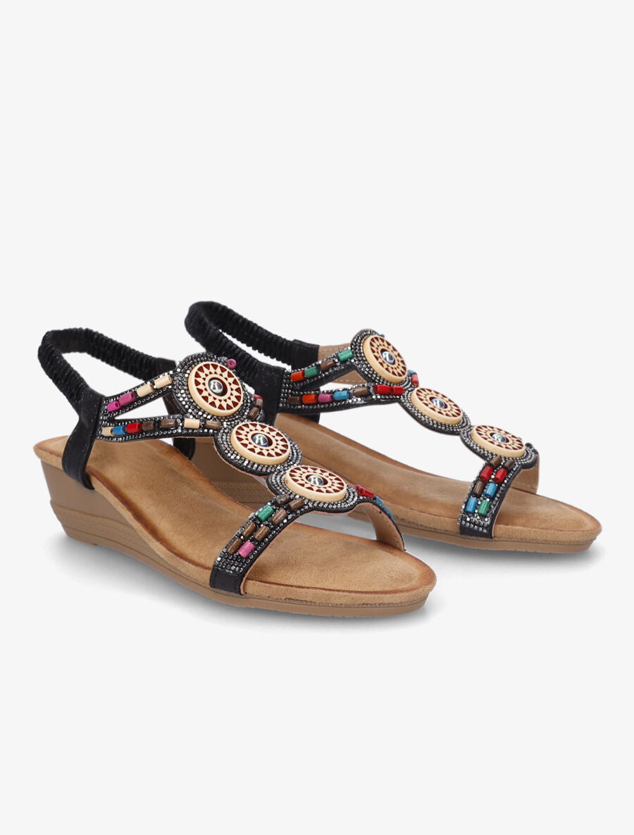 Sandales compensées à strass et perles - Noir - 4