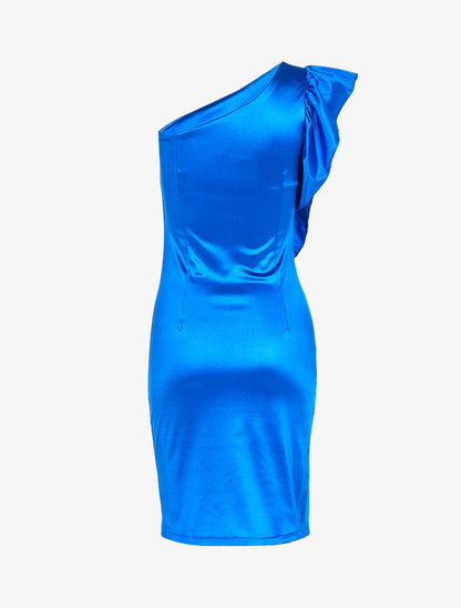 Robe épaule nue et côté volanté - Bleu électrique - 2