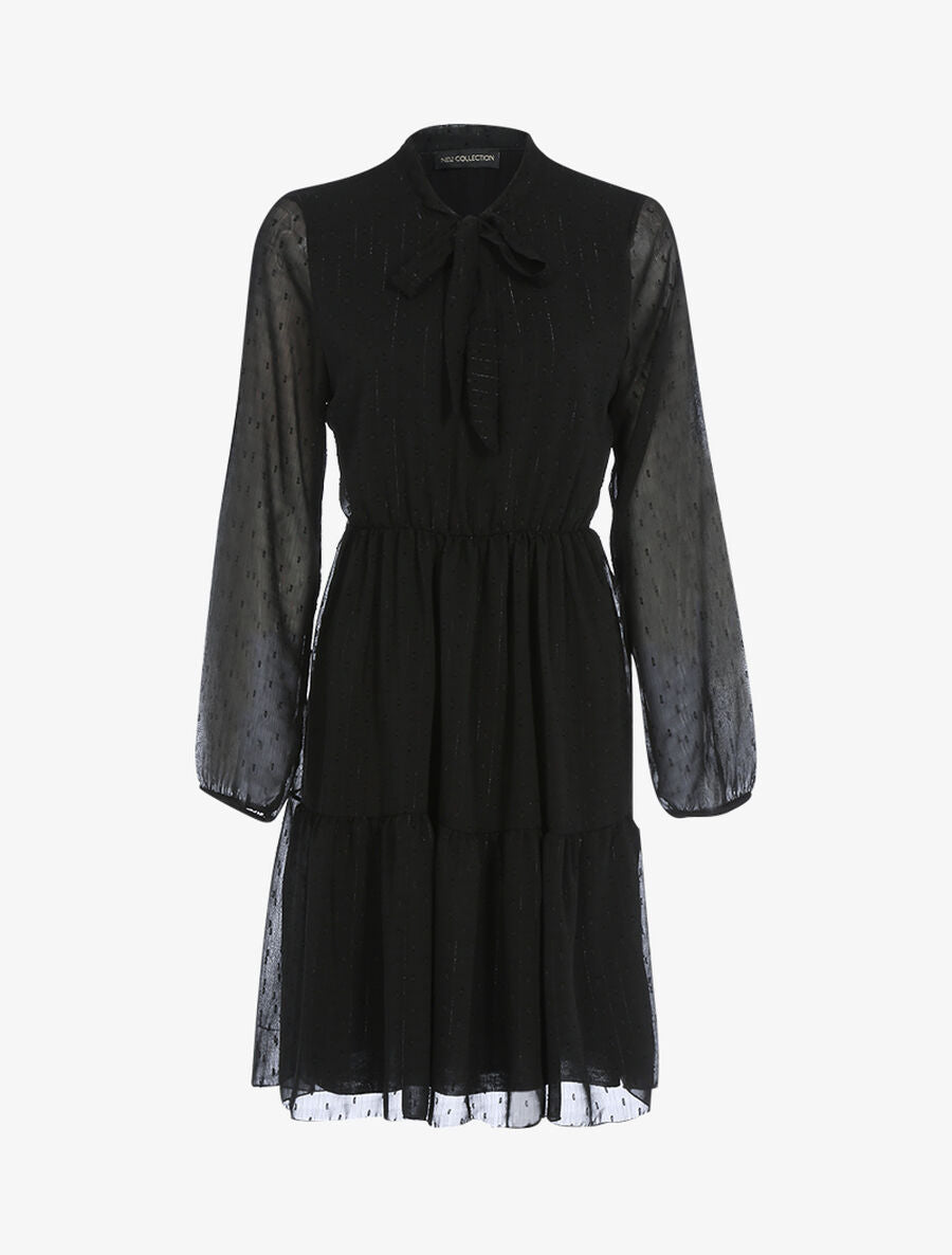 Robe à col lavallière et à pois brodés - Noir - 1