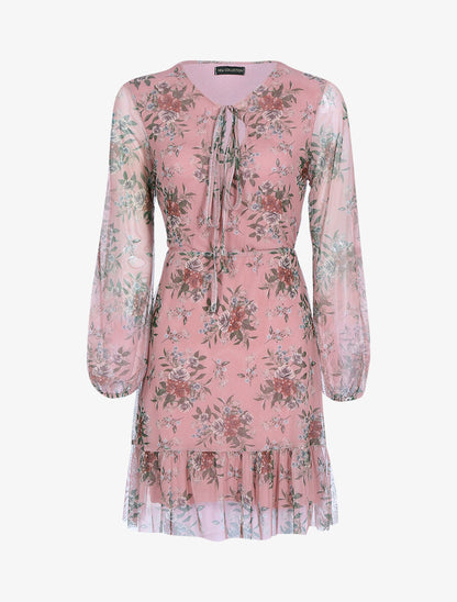Robe en voile imprimé taille élastiquée - Rose - 1