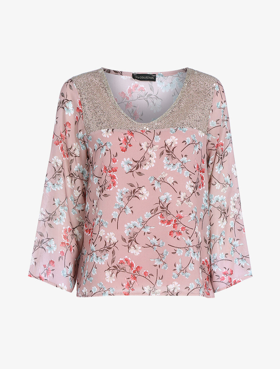 Top à imprimé champêtre et sequins - Rose - 1