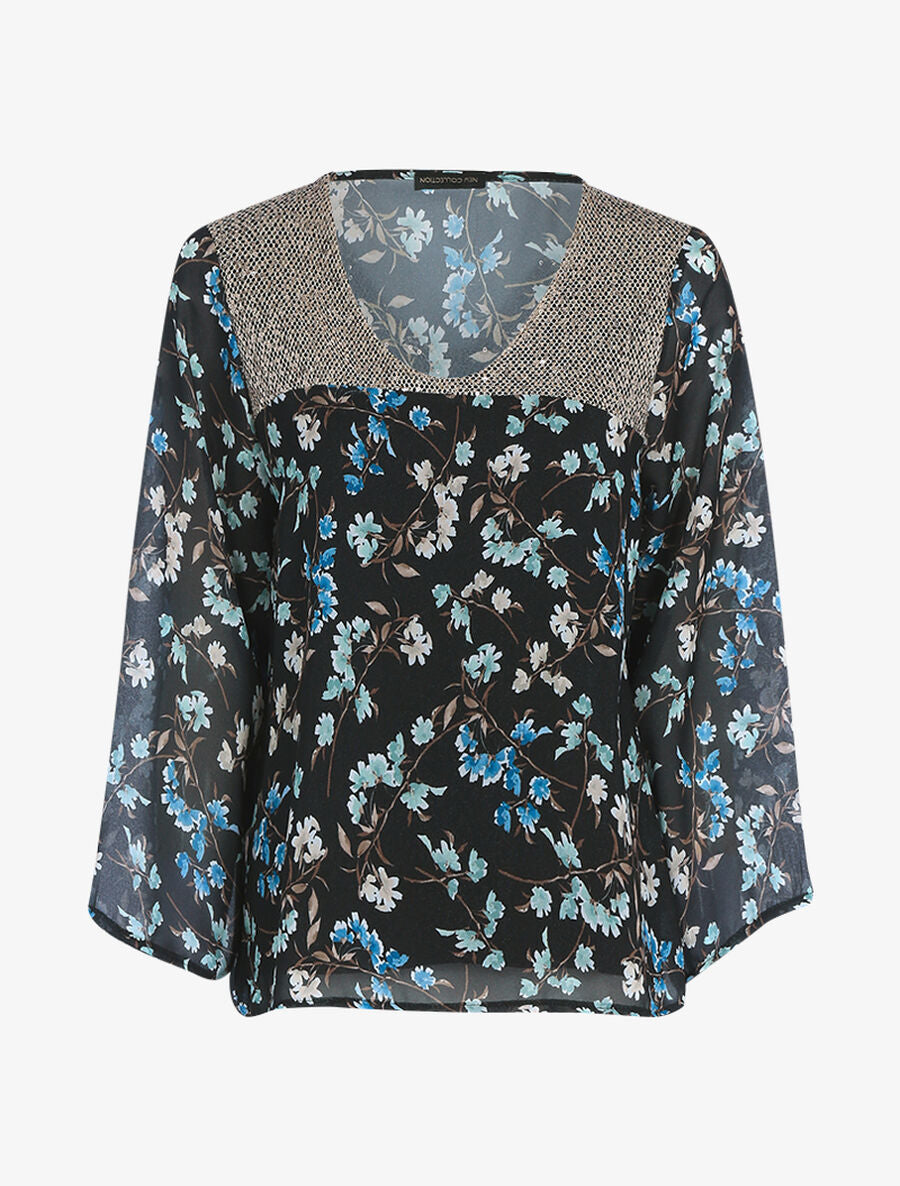 Top à imprimé champêtre et sequins - Noir - 1
