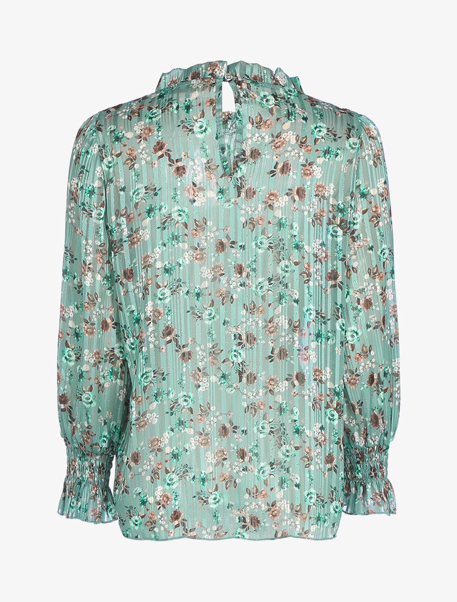 Blouse fleurie à encolure volantée - Vert - 2
