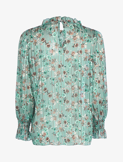 Blouse fleurie à encolure volantée - Vert - 2