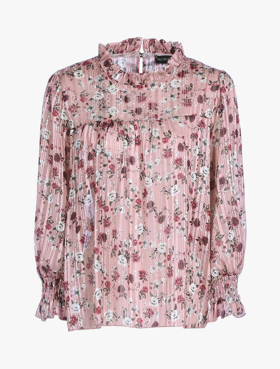 Blouse fleurie à encolure volantée - Rose - 1
