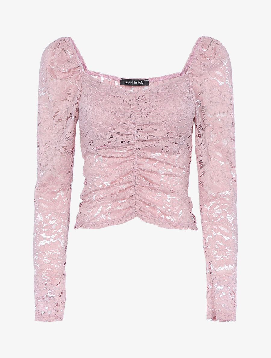 Crop top en dentelle festonnée - Rose - 1