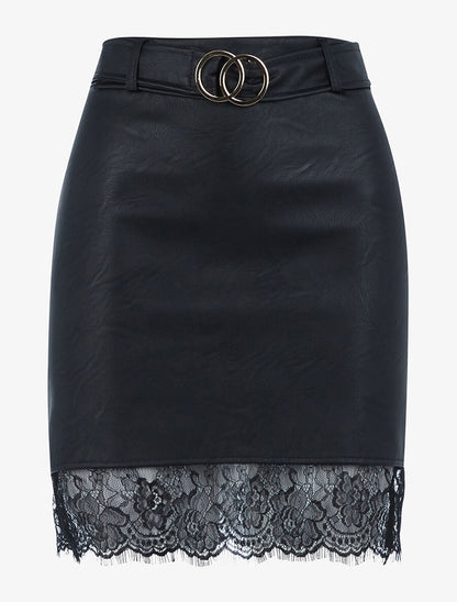 Jupe simili à bord dentelle - Noir - 1