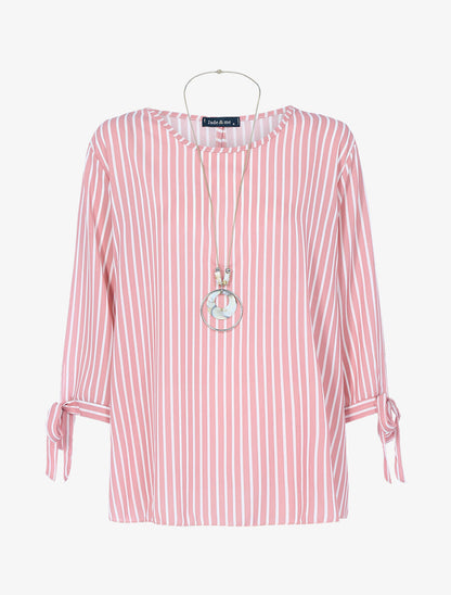 Blouse rayée avec sautoir - Rose/blanc - 1