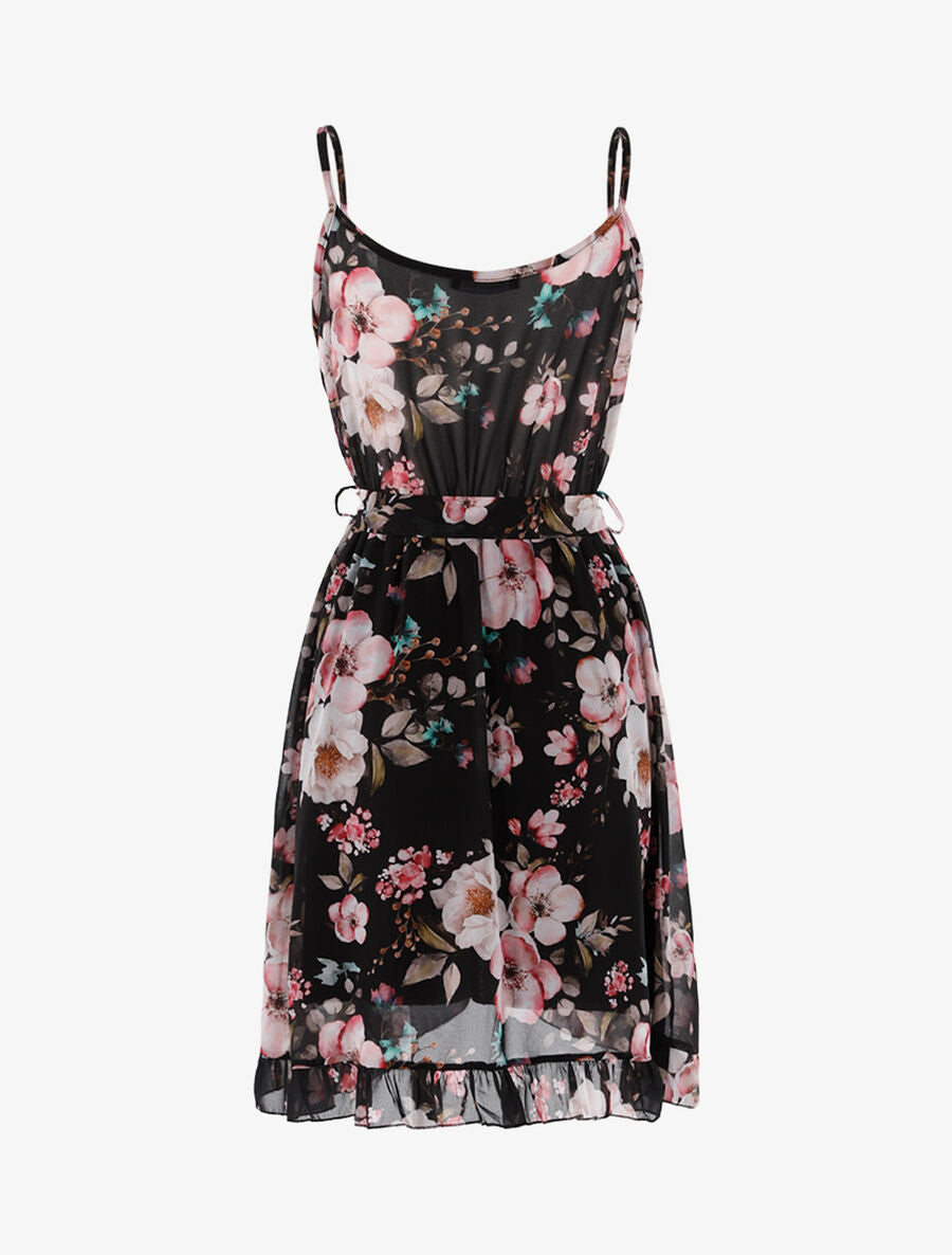 Robe portefeuille fleurie à jabot - Noir/rose - 1