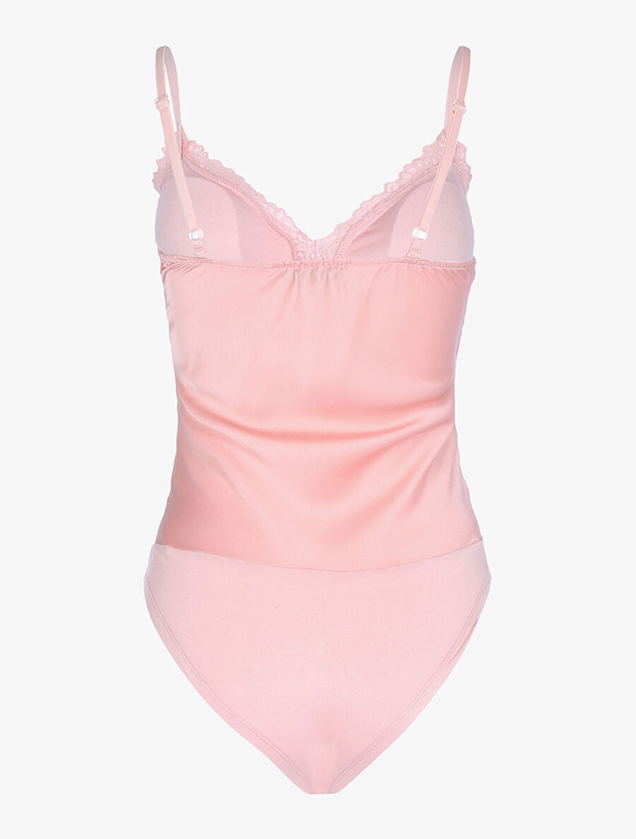 Body satiné ventre ajouré dentelle - Rose orange - 2