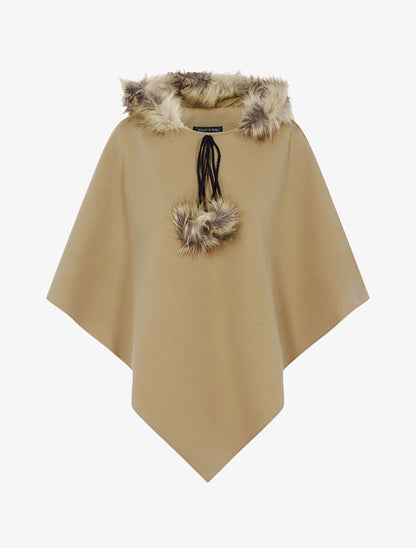 Poncho en feutre à capuche en fausse fourrure - Beige - 1
