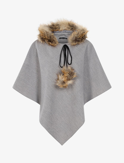 Poncho en feutre à capuche en fausse fourrure - Gris chiné - 1