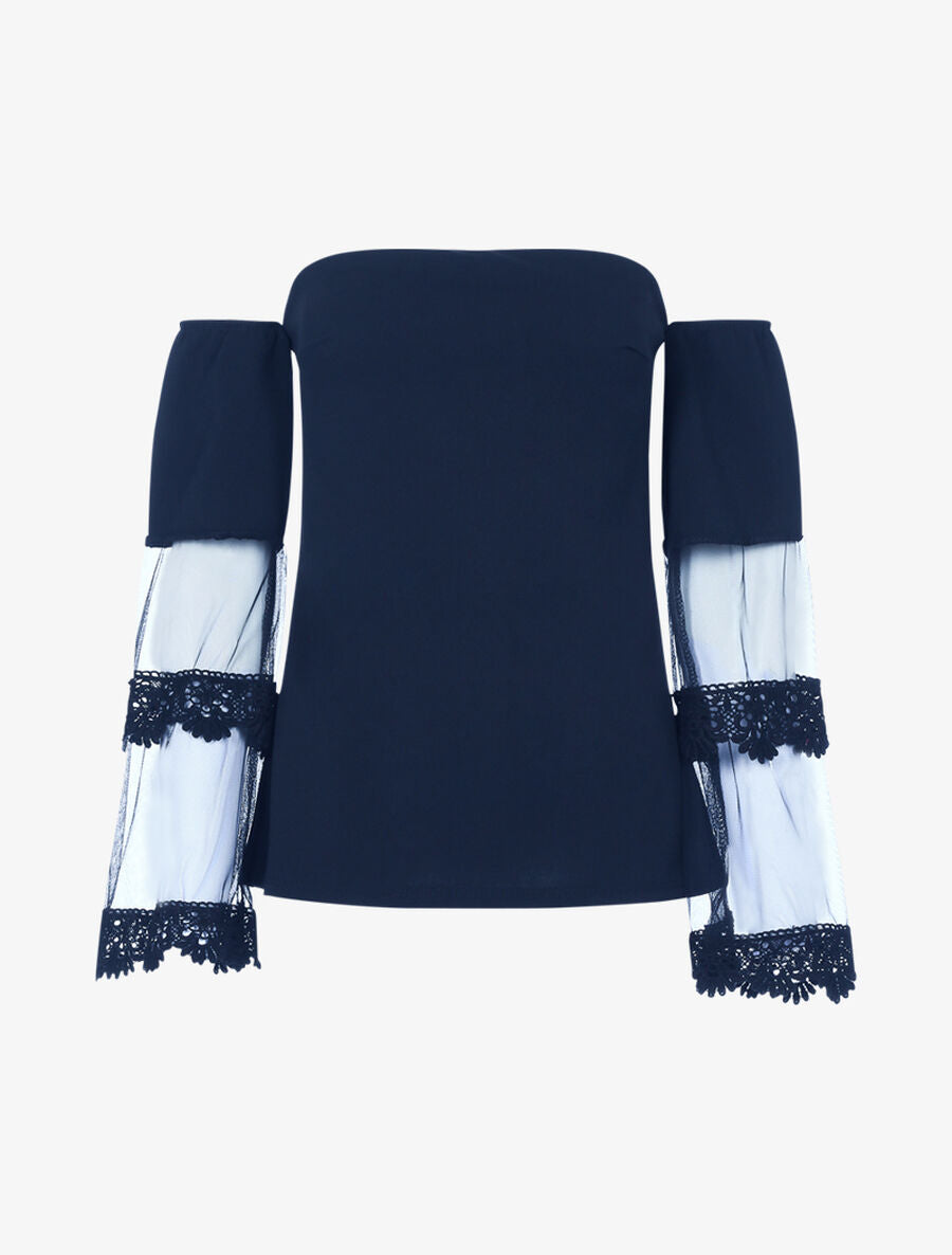 Top à manches trompette en voile - Bleu nuit - 1