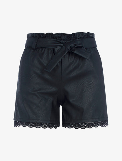 Short en simili à bord dentelle - Noir - 1