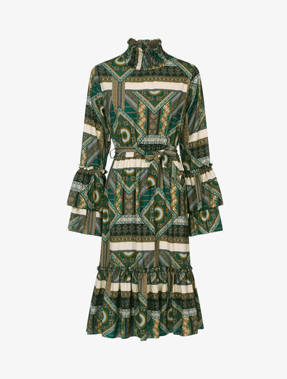Robe volantée à col montant - Vert foncé - 1