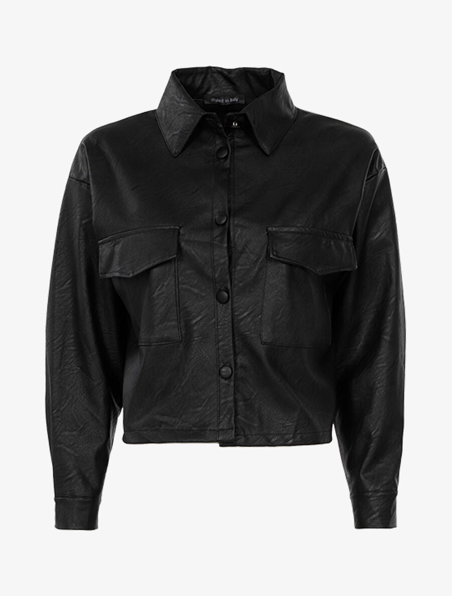 Veste boutonnée en simili - Noir - 1